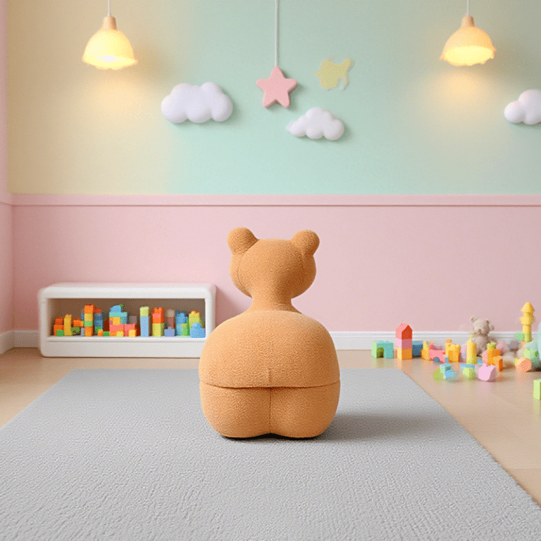 Playroom with teddy bear chair and colourful blocks.