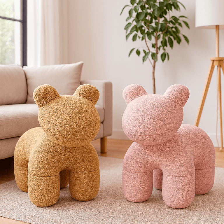 Cute plush bear-shaped stools in modern living room.
