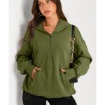 moss green solid kangaroo pocket half zipper oversized hoodie 2xl Woman in green hoodie and black shorts