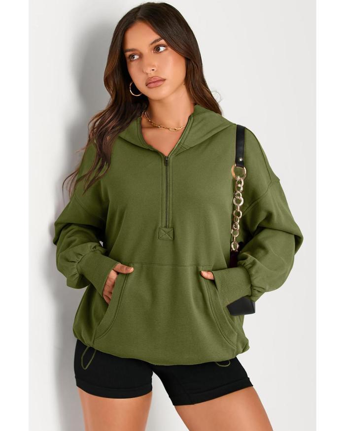 moss green solid kangaroo pocket half zipper oversized hoodie 2xl Woman in green hoodie and black shorts