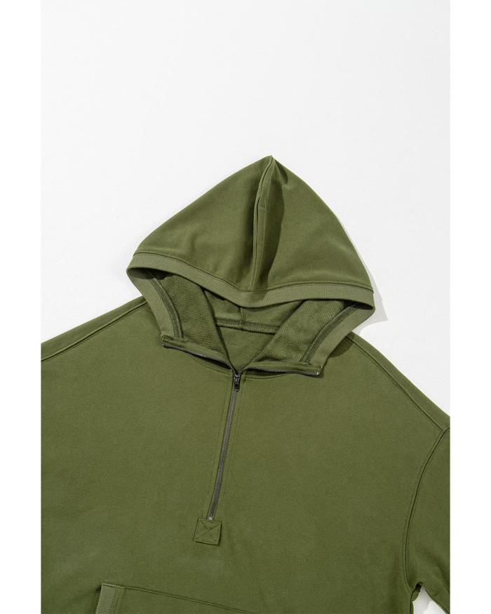 moss green solid kangaroo pocket half zipper oversized hoodie 2xl Green hooded sweatshirt with a zip