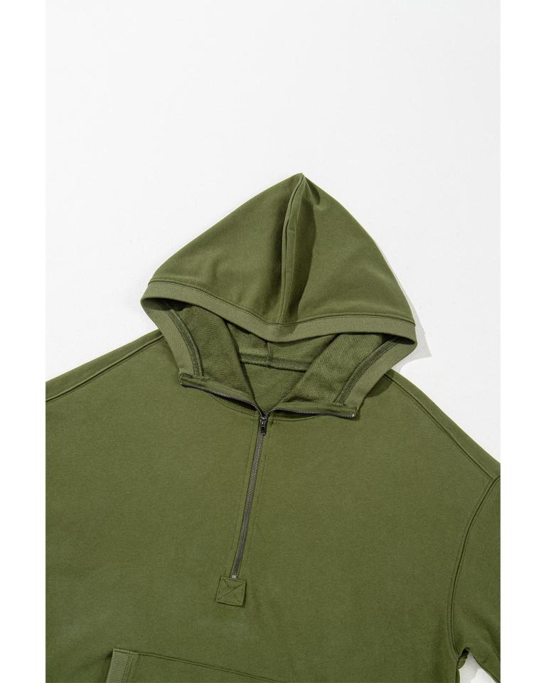 moss green solid kangaroo pocket half zipper oversized hoodie 2xl Green hooded sweatshirt with a zip