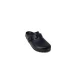 Black slip-on clog shoe with buckle.