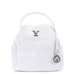 White designer handbag with silver logo.