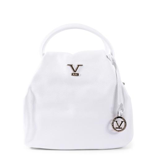 White designer handbag with silver logo.