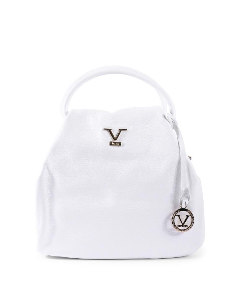 White designer handbag with silver logo.