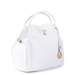 White leather handbag with gold accents.