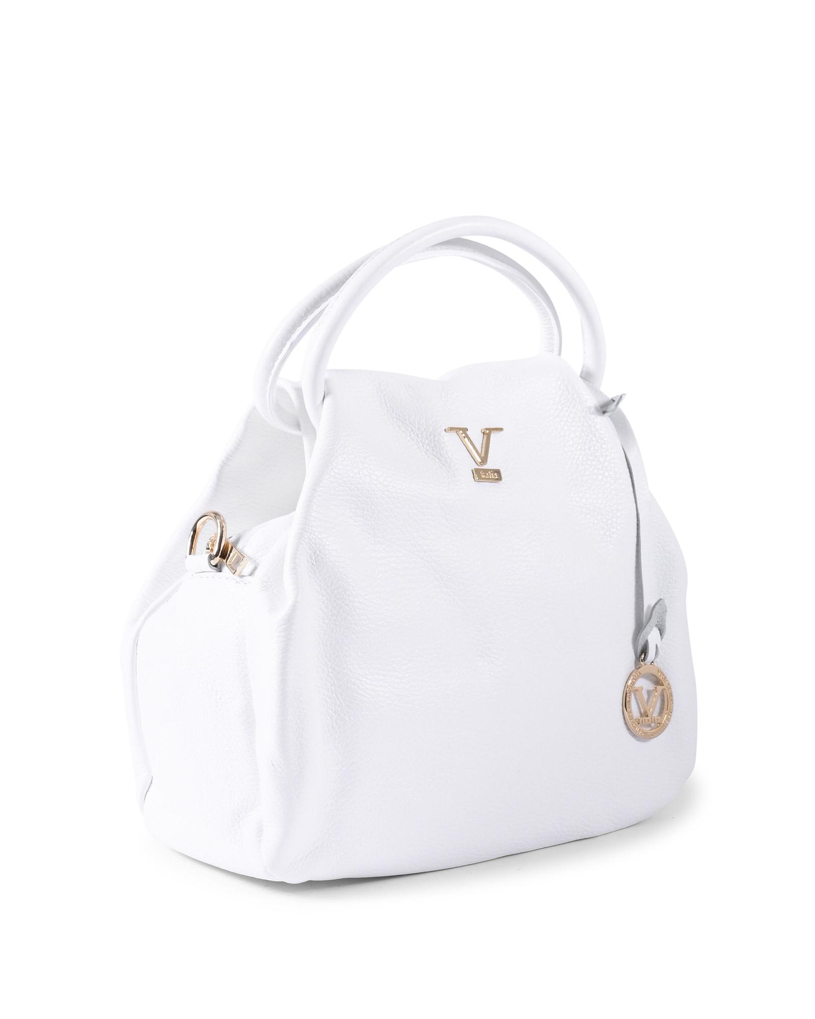 White leather handbag with gold accents.