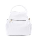 White leather handbag with front zip pocket.