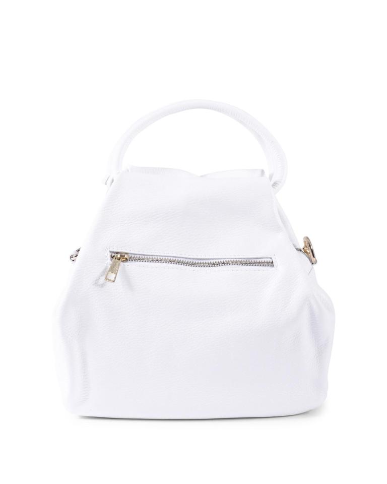White leather handbag with front zip pocket.