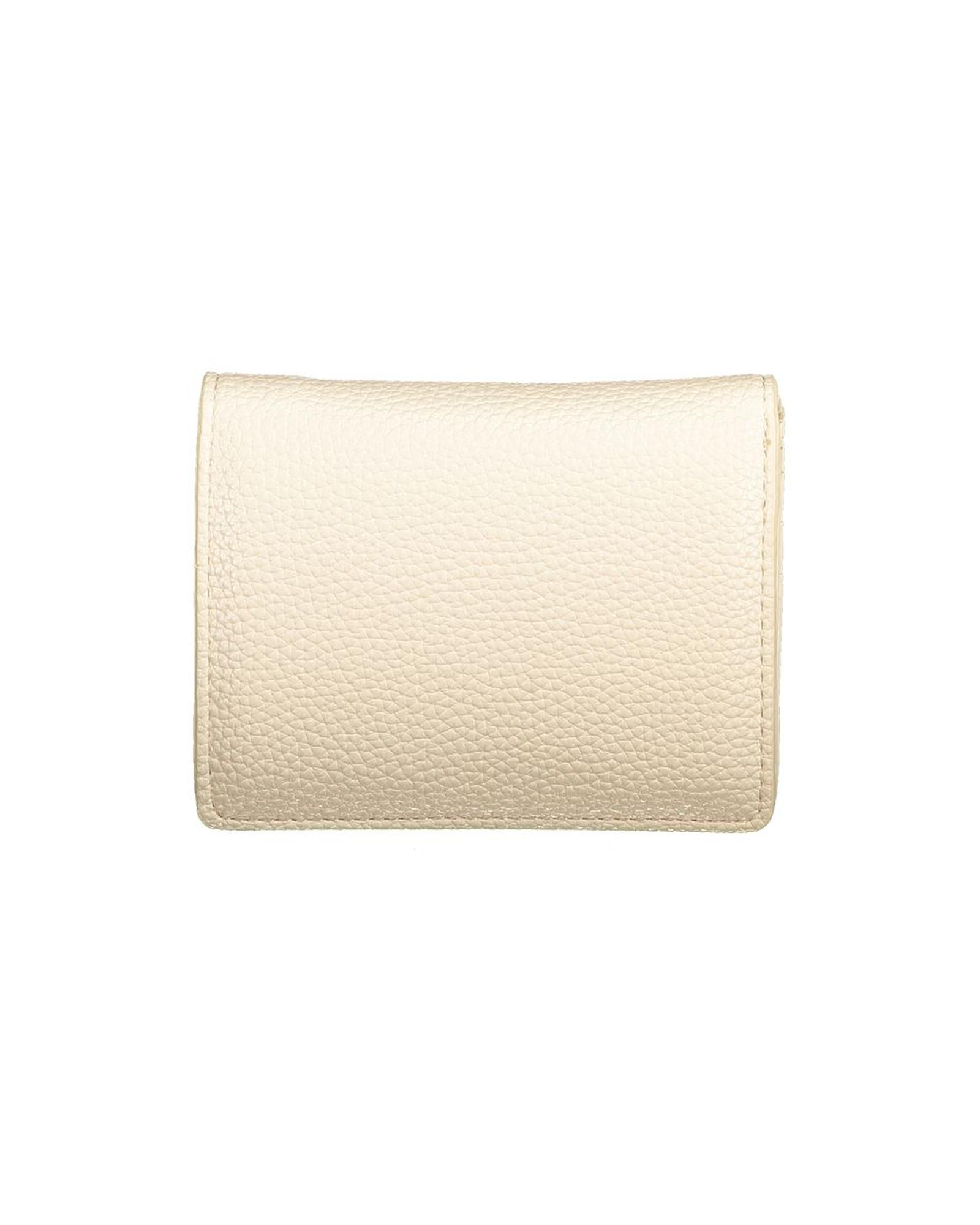Beige leather wallet on white background.