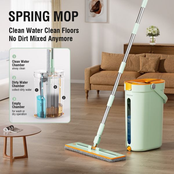 premium microfiber flat mop bucket set w/ clean & dirty water separation 360 degree light green Spring mop with clean and dirty water chambers.