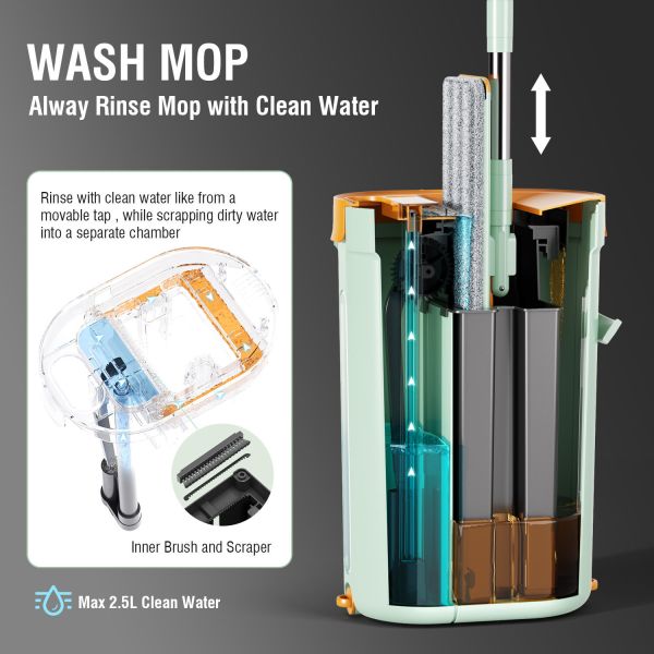 premium microfiber flat mop bucket set w/ clean & dirty water separation 360 degree light green Mop with two chambers for clean and dirty water.