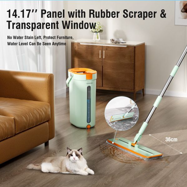 premium microfiber flat mop bucket set w/ clean & dirty water separation 360 degree light green Floor mop with bucket in modern living room.