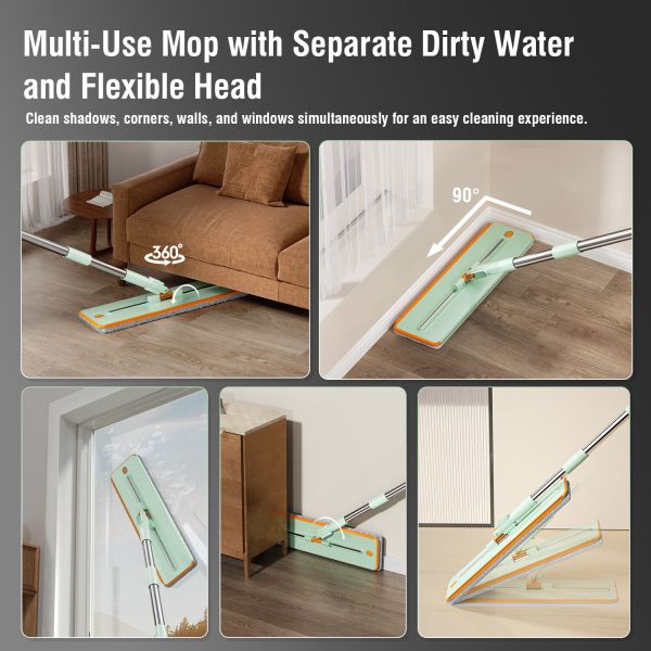 premium microfiber flat mop bucket set w/ clean & dirty water separation 360 degree light green Versatile mop cleaning corners and windows efficiently.