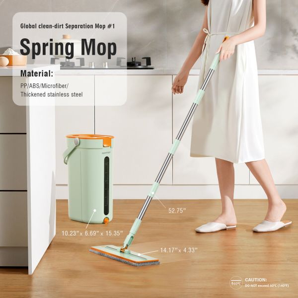 premium microfiber flat mop bucket set w/ clean & dirty water separation 360 degree light green Woman using a spring mop with bucket