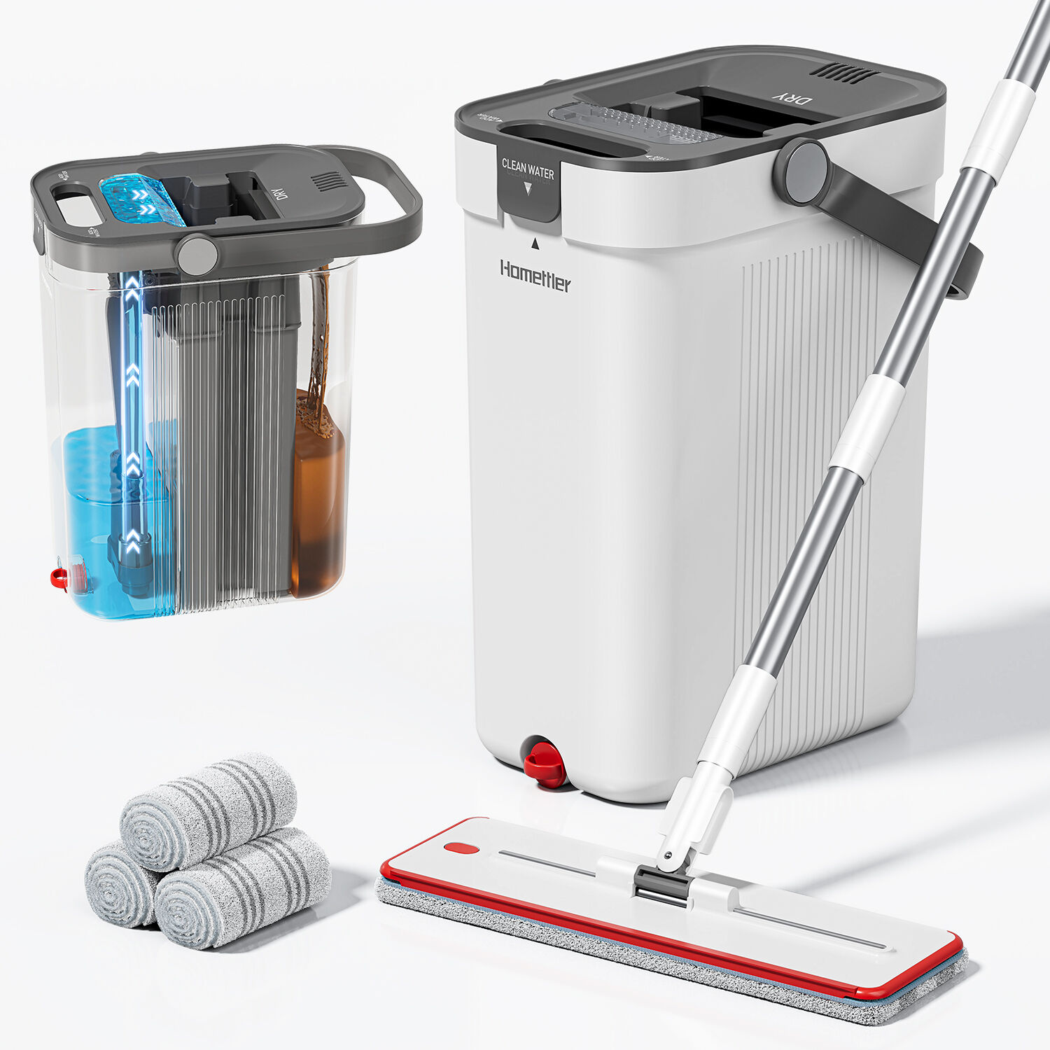 Modern floor mop with cleaning system and refills.