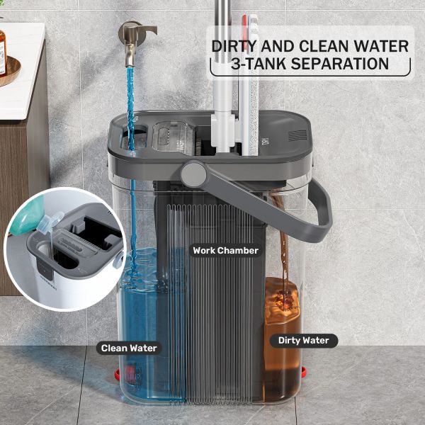 premium microfiber flat mop bucket set w/ clean & dirty water separation 360 degree white Three-tank water separation cleaning system diagram.