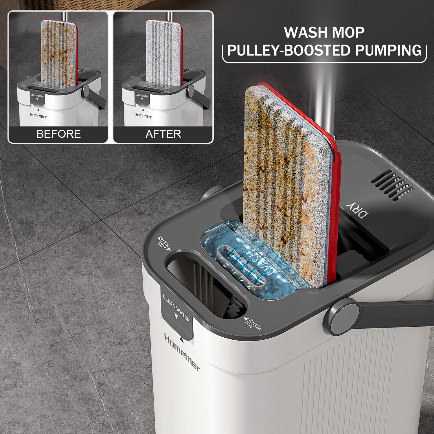 Pulley-boosted mop cleaning before and after results.