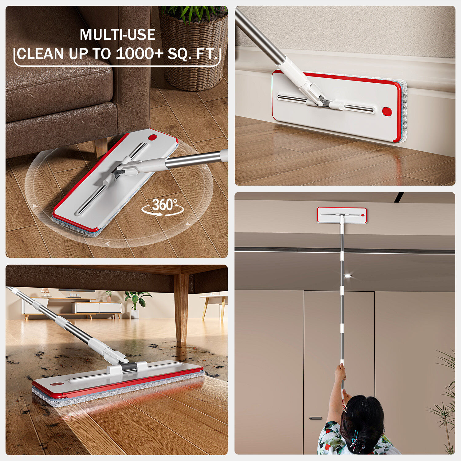 Multi-use mop cleaning floors and ceilings.