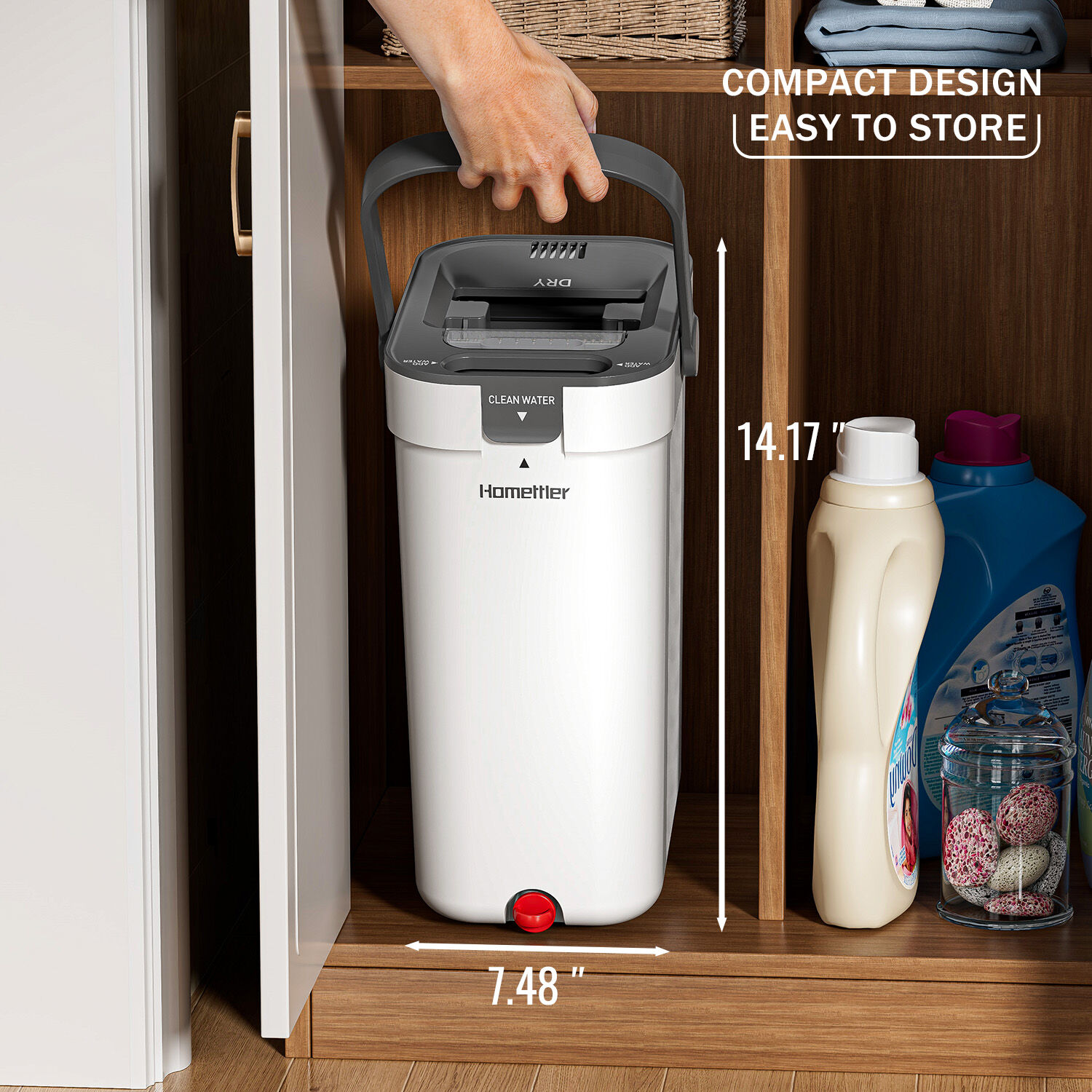 Compact design, easy to store portable washing machine.