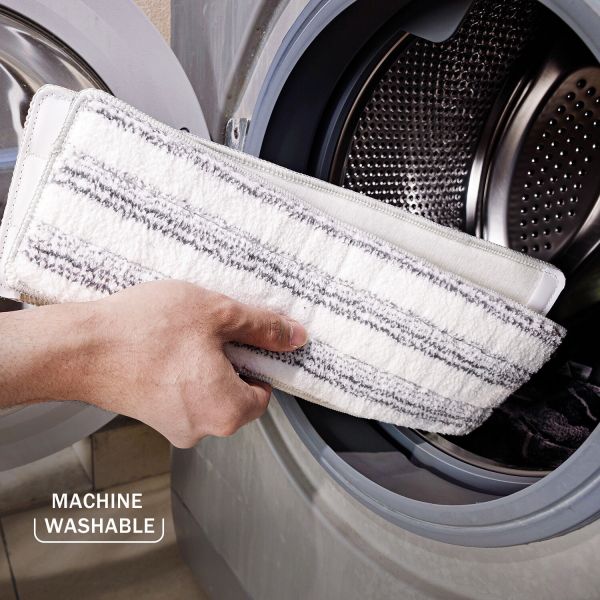 premium microfiber flat mop bucket set w/ clean & dirty water separation 360 degree white Inserting mop head into washing machine, machine washable