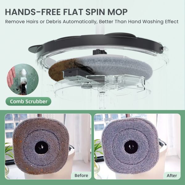 premium microfiber round mop bucket set w/ clean & dirty water separation 360 degree white Efficient hands-free flat spin mop with comb scrubber.