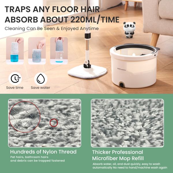 premium microfiber round mop bucket set w/ clean & dirty water separation 360 degree white Microfibre mop refill, efficient floor cleaning solution.