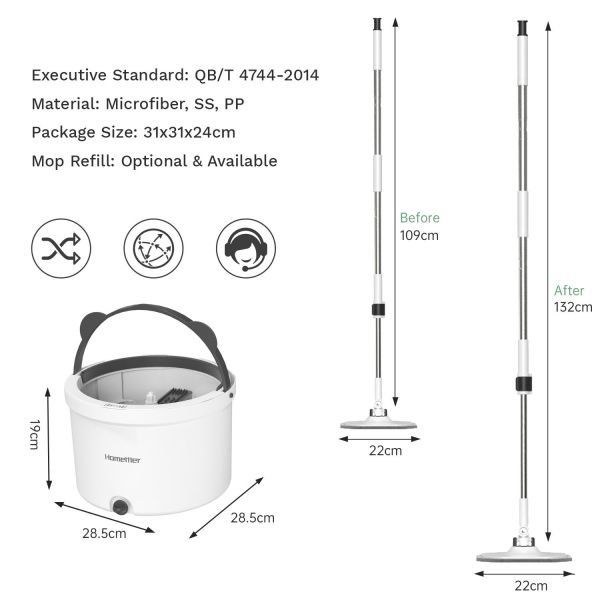 premium microfiber round mop bucket set w/ clean & dirty water separation 360 degree white Adjustable mop and bucket dimensions