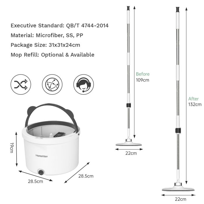 Adjustable mop and bucket dimensions