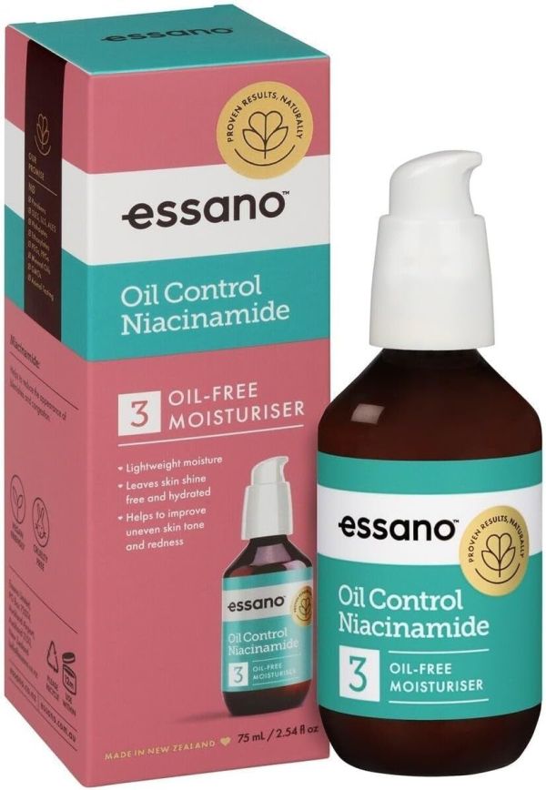 essano niacinamide oil control face moisturiser 75ml Essano oil control niacinamide moisturiser bottle and box.