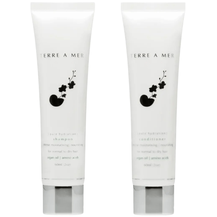 terre a mer pure hydration amino acid/argan oil shampoo & conditioner 60ml travel size Terre A Mer shampoo and conditioner bottles