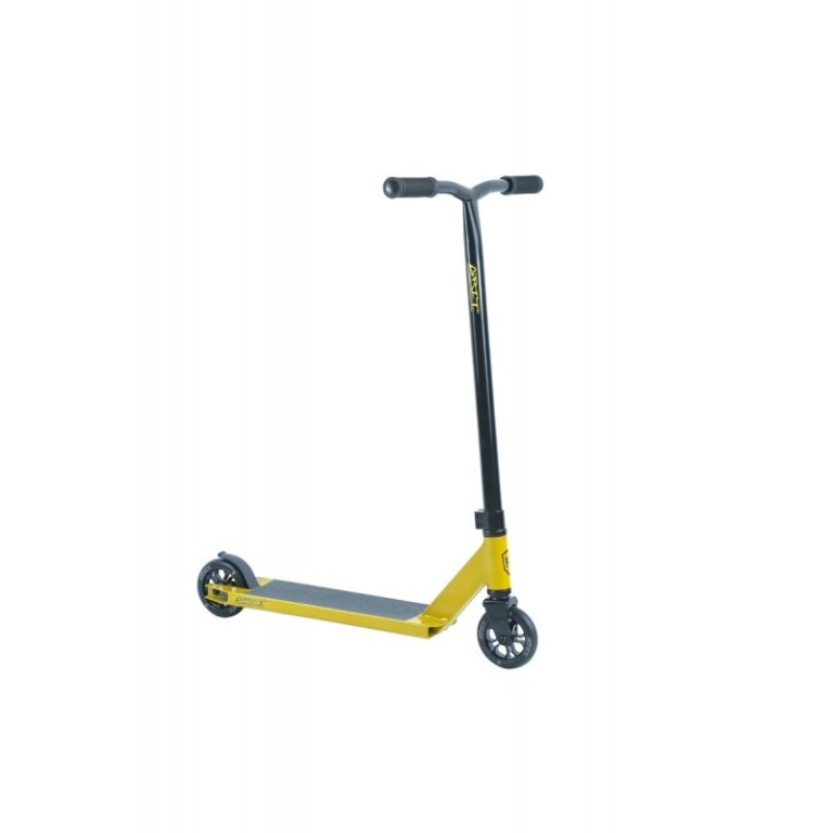 Yellow and black stunt scooter on white background.