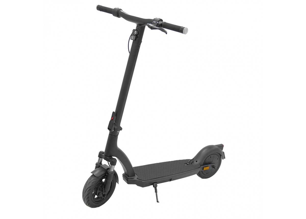 Black electric scooter with stand and handlebars.