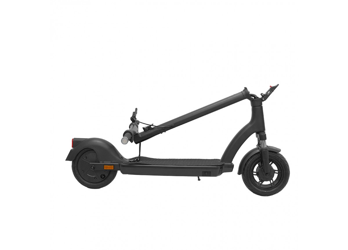Black electric scooter folded for storage.