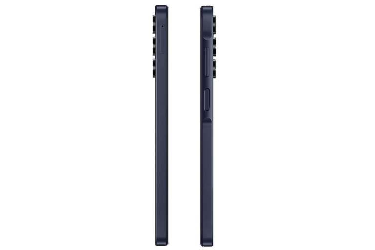 telstra locked samsung galaxy a15 4g (128gb/4gb, 6.5'') blue black Side view of two smartphones, navy colour.