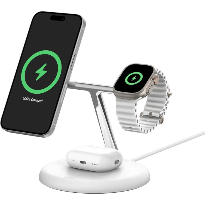 Wireless charging dock for phone, smartwatch, earbuds.
