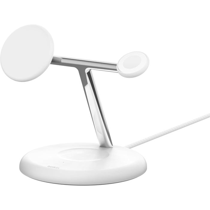 White charging stand with dual docks.