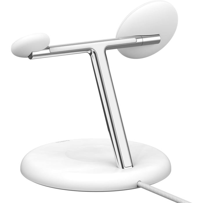 White modern wireless charging stand with cable
