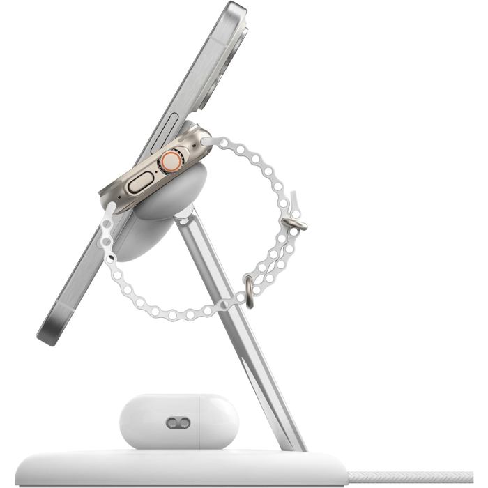 Apple device charging station with phone, watch, earbuds.