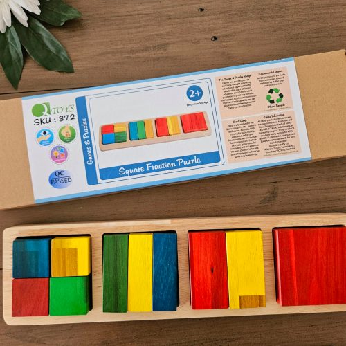 Colourful wooden fraction puzzle with packaging box.