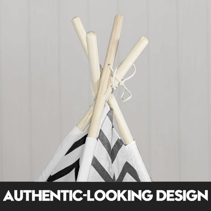 Chevron-patterned teepee with wooden poles.