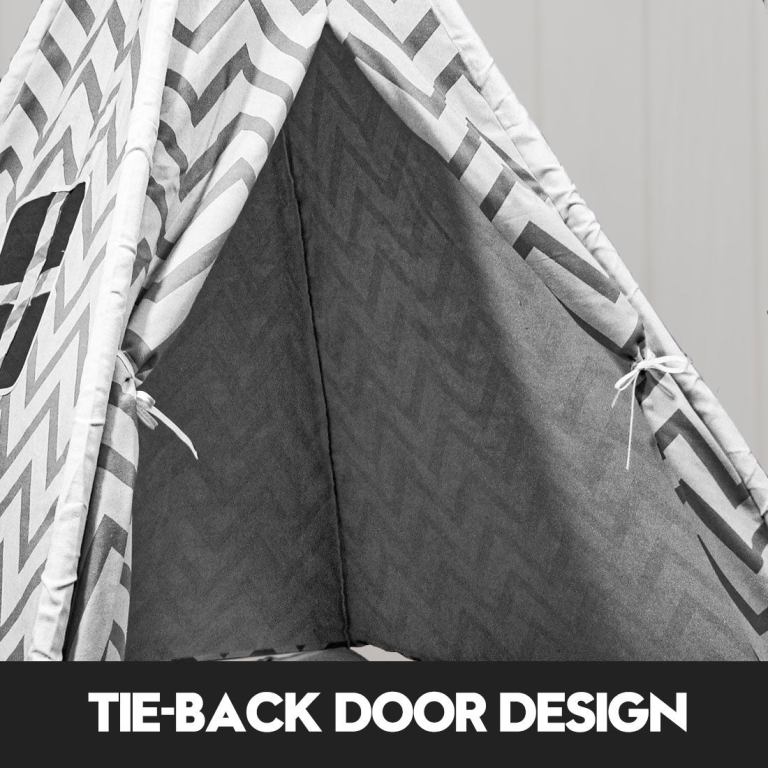 giant cotton canvas kids teepee wigwam children pretend play tent indoor outdoor party black Chevron-patterned teepee with tie-back door design.