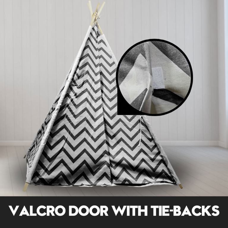 giant cotton canvas kids teepee wigwam children pretend play tent indoor outdoor party black Chevron-patterned teepee with Velcro door and tie-backs