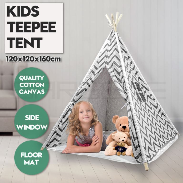giant cotton canvas kids teepee wigwam children pretend play tent indoor outdoor party black Kids teepee tent with girl and teddy bears inside.