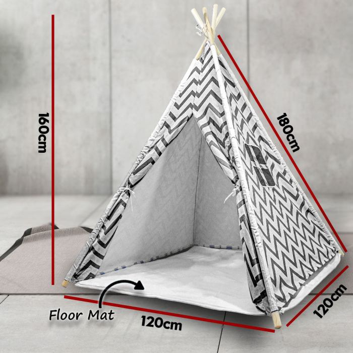Children's teepee tent with dimensions and floor mat.