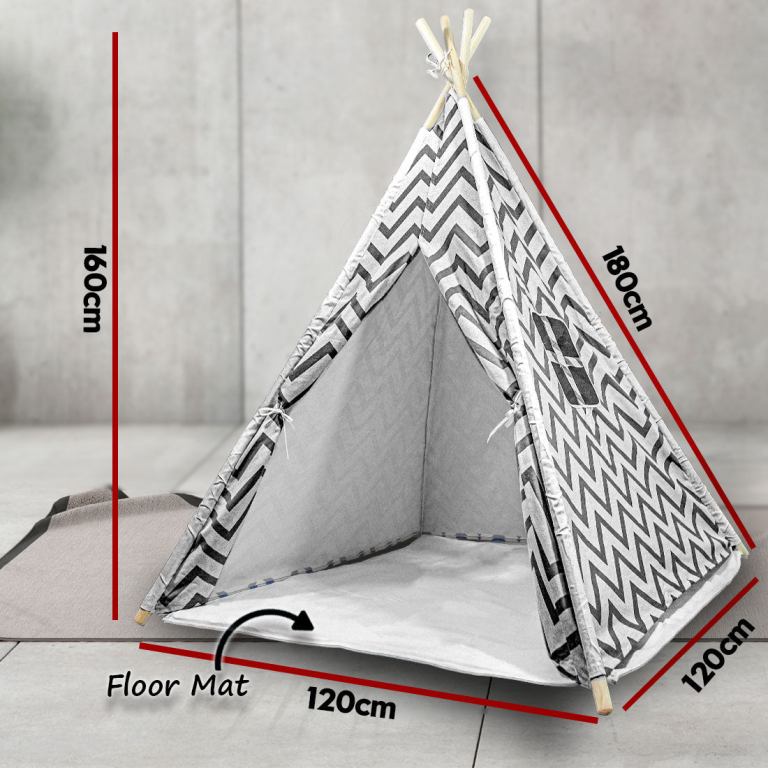 giant cotton canvas kids teepee wigwam children pretend play tent indoor outdoor party black Children's teepee tent with dimensions and floor mat.