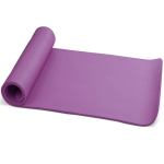 Rolled purple yoga mat on white background.