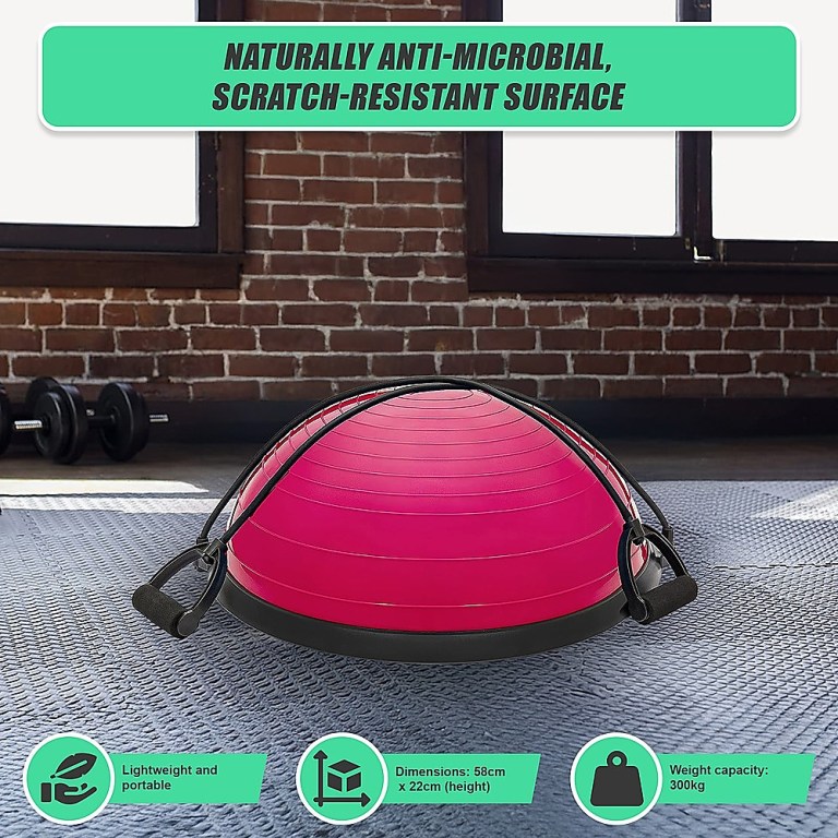 yoga balance trainer exercise ball for arm, leg, core workout with pump, 2 resistance bands