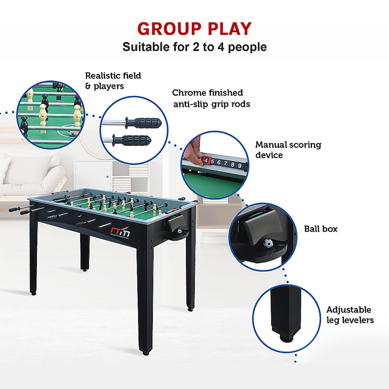 Foosball table with features for group play.